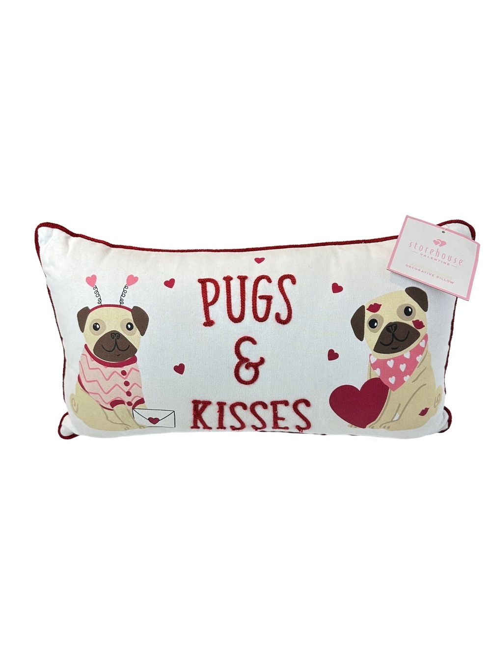 NWT Pugs & Kisses Decorative Accent Pillow - Red, Pink & White